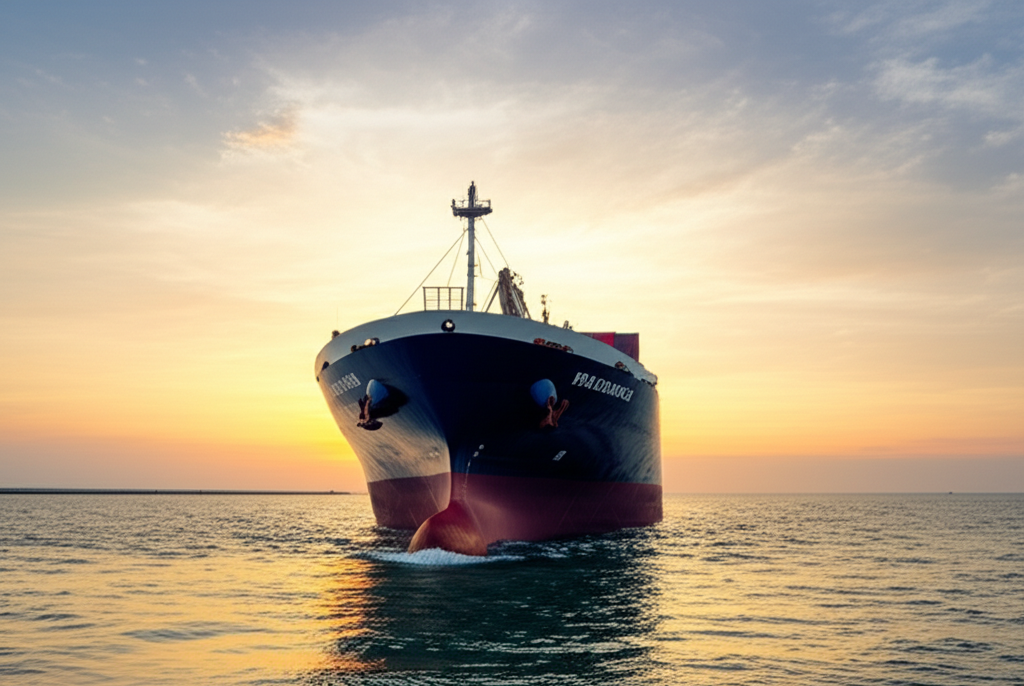 A container cargo ship at sunset symbolizing global exports by LD IKLEO Company.